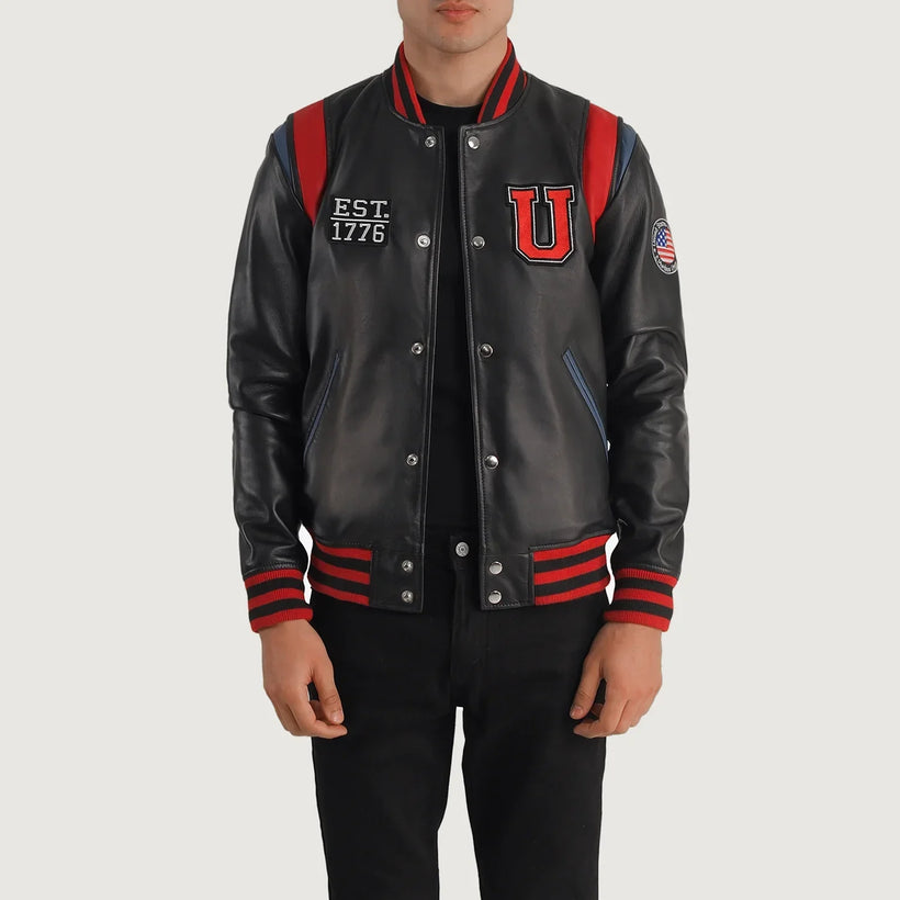 Liberte Usa Sort Leather Varsity Læderjakke til Mænd