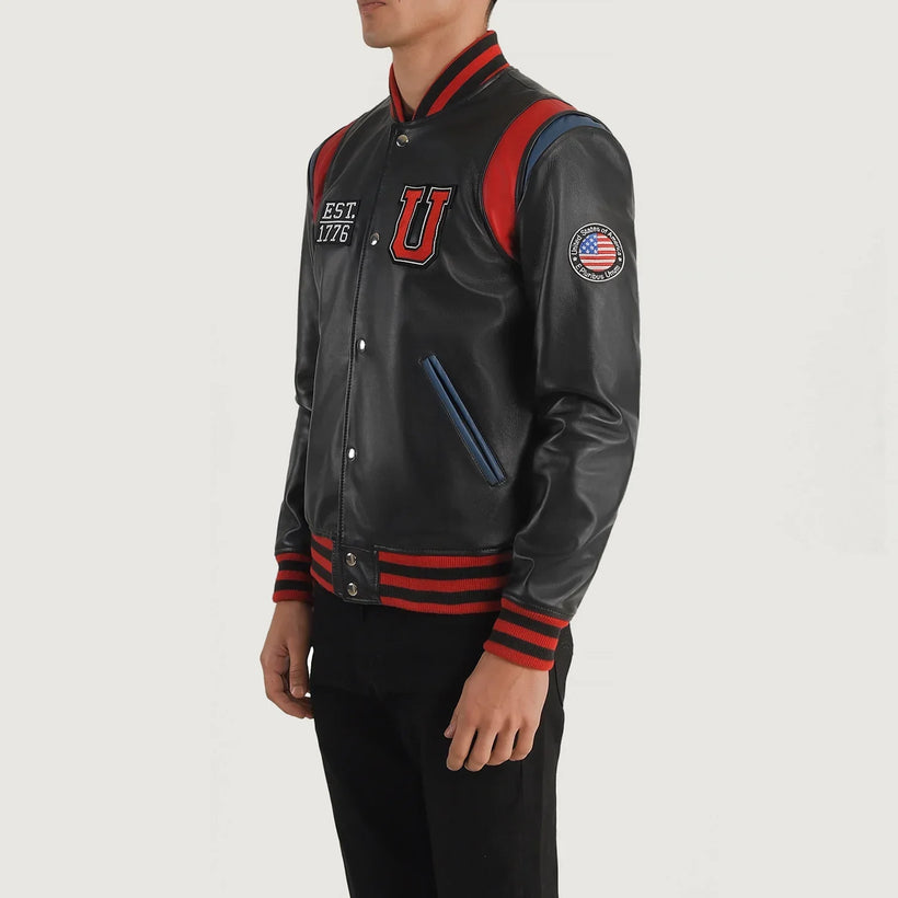 Liberte Usa Sort Leather Varsity Læderjakke til Mænd