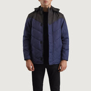 
Luka Sort & Blå Hooded Puffer Læderjakke til Mænd in Black & Blue Full-Grain Leather - Forfra med skræddersyet silhuet | Køb online