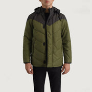 
Luka Sort & Grøn Hooded Puffer Læderjakke til Mænd in Black & Green Full-Grain Leather - Forfra med skræddersyet silhuet | Køb online