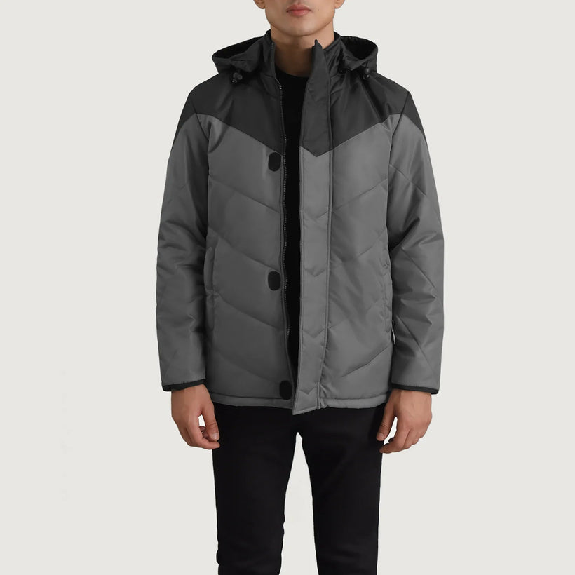 Luka Sort & Grey Hooded Puffer Læderjakke til Mænd