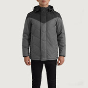 
Nærbillede of Classic Collar & Zipper With Velcro Placket Hardware on Luka Sort & Grey Hooded Puffer Læderjakke til Mænd