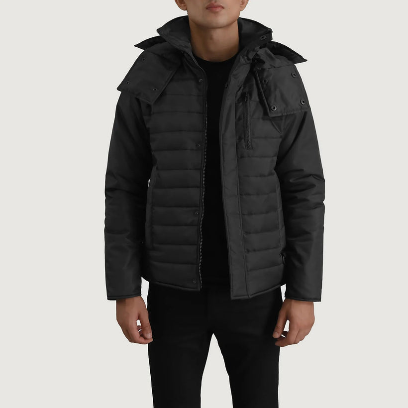 Malcolm Sort Hooded Puffer Læderjakke til Mænd