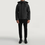 
Malcolm Sort Hooded Puffer Læderjakke til Mænd - Sideprofil med ergonomisk ærmesnit