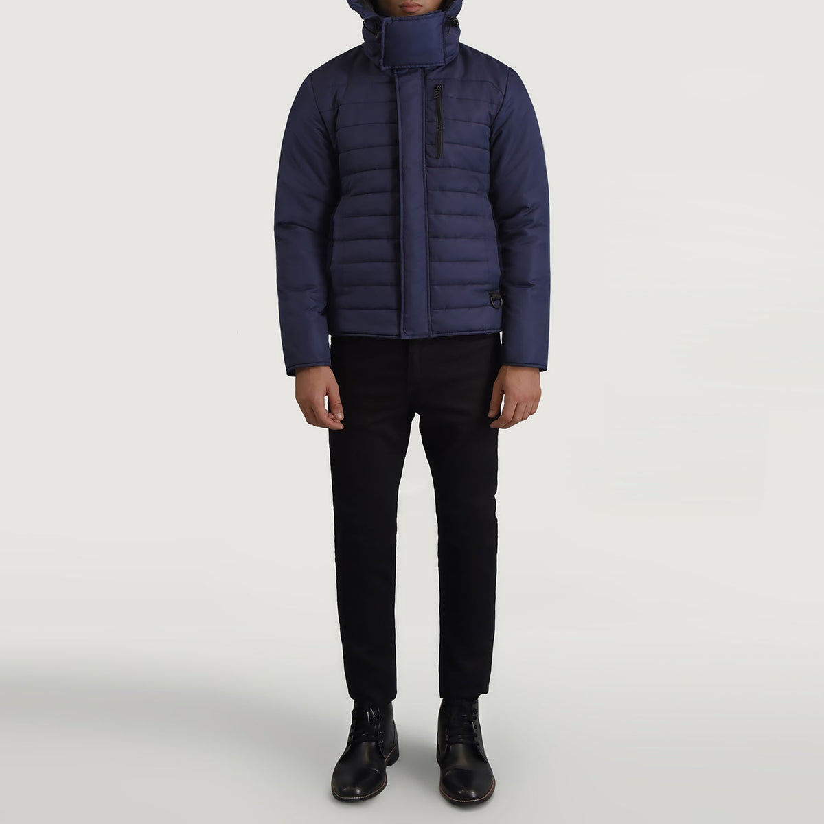 
Malcolm Blå Hooded Puffer Læderjakke til Mænd - Sideprofil med ergonomisk ærmesnit