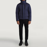 
Malcolm Blå Hooded Puffer Læderjakke til Mænd - Sideprofil med ergonomisk ærmesnit