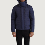 
Nærbillede of Classic Collar & Zipper With Placket Hardware on Malcolm Blå Hooded Puffer Læderjakke til Mænd
