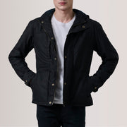 Marlo Sort Canvas Hooded Work Læderjakke til Mænd For Men in Black Waxed Cotton Canvas - Front Profile View &amp; Tailored Silhouette | Buy Online