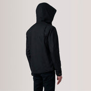 Close-Up Detail of Hooded &amp; Zipper with placket Hardware on Marlo Sort Canvas Hooded Work Læderjakke til Mænd For Men