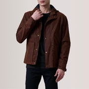 Marlo Brun Canvas Hooded Work Læderjakke til Mænd For Men in Brown Waxed Cotton Canvas - Front Profile View &amp; Tailored Silhouette | Buy Online