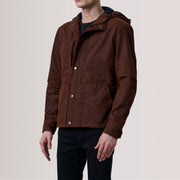 Marlo Brun Canvas Hooded Work Læderjakke til Mænd For Men - Lateral Side Profile View Showing Sleeve Cut &amp; Athletic Taper Fit