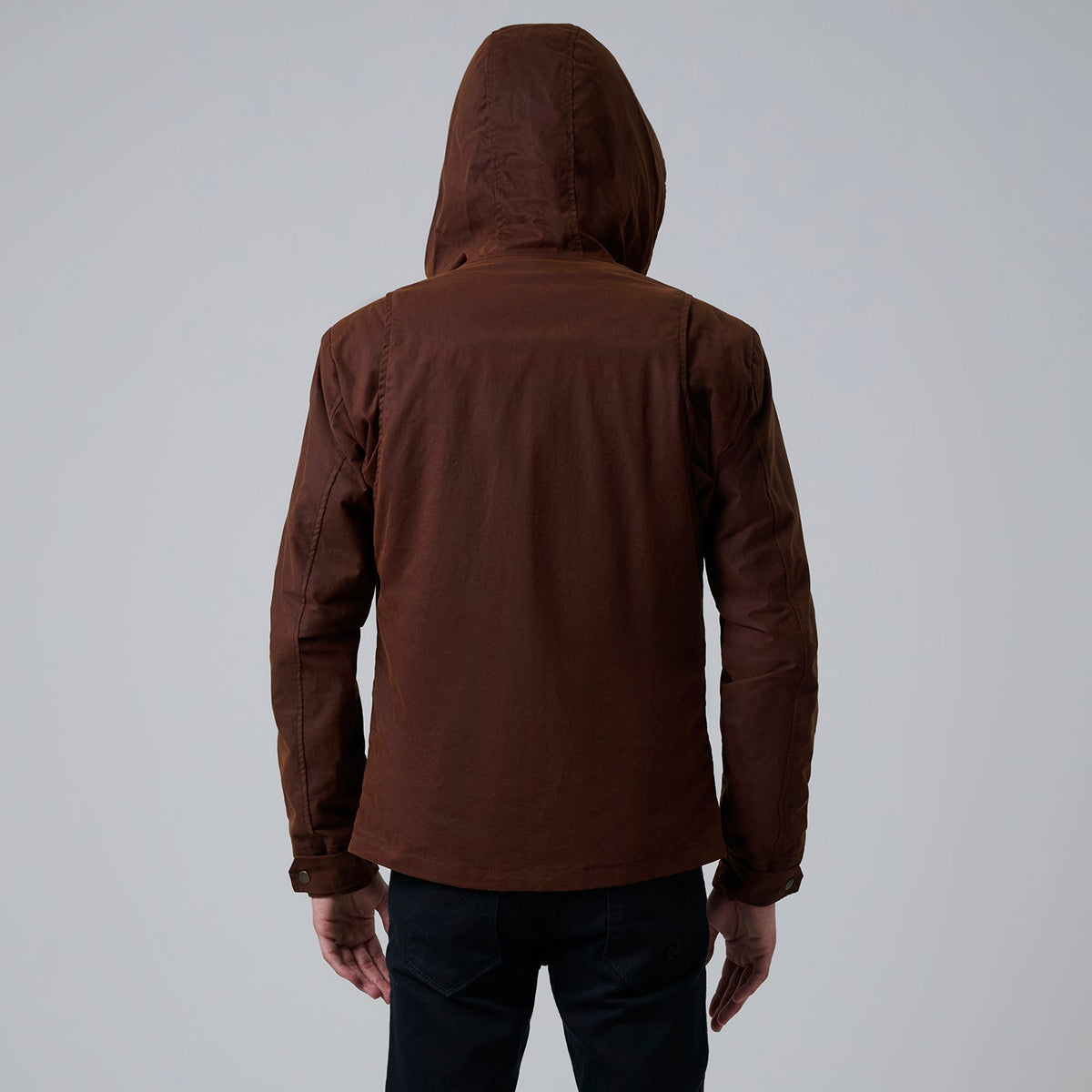 Close-Up Detail of Hooded &amp; Zipper with placket Hardware on Marlo Brun Canvas Hooded Work Læderjakke til Mænd For Men