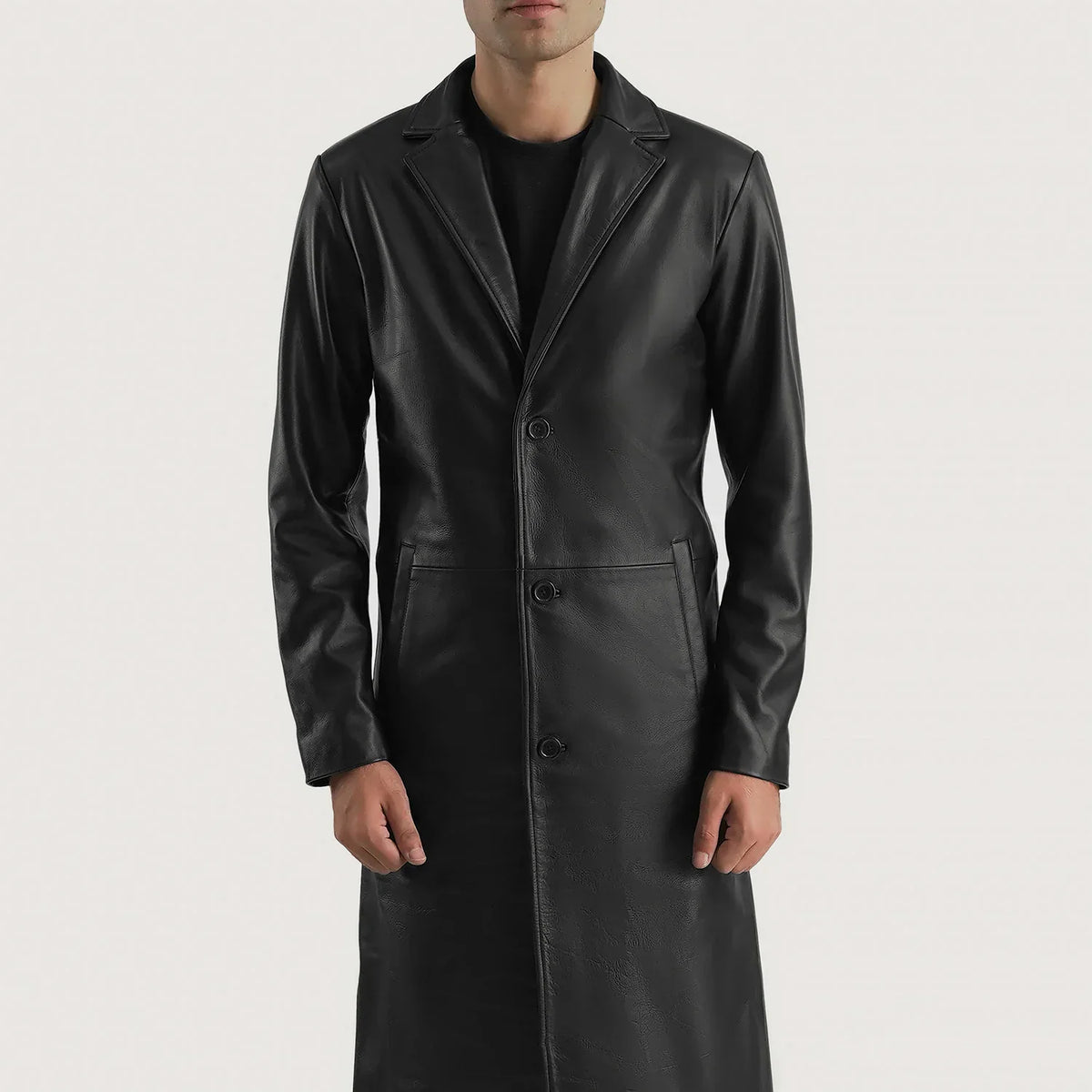 Close-Up Detail of Notch &amp; Button Hardware on Mateo Black Leather Single Breasted Coat