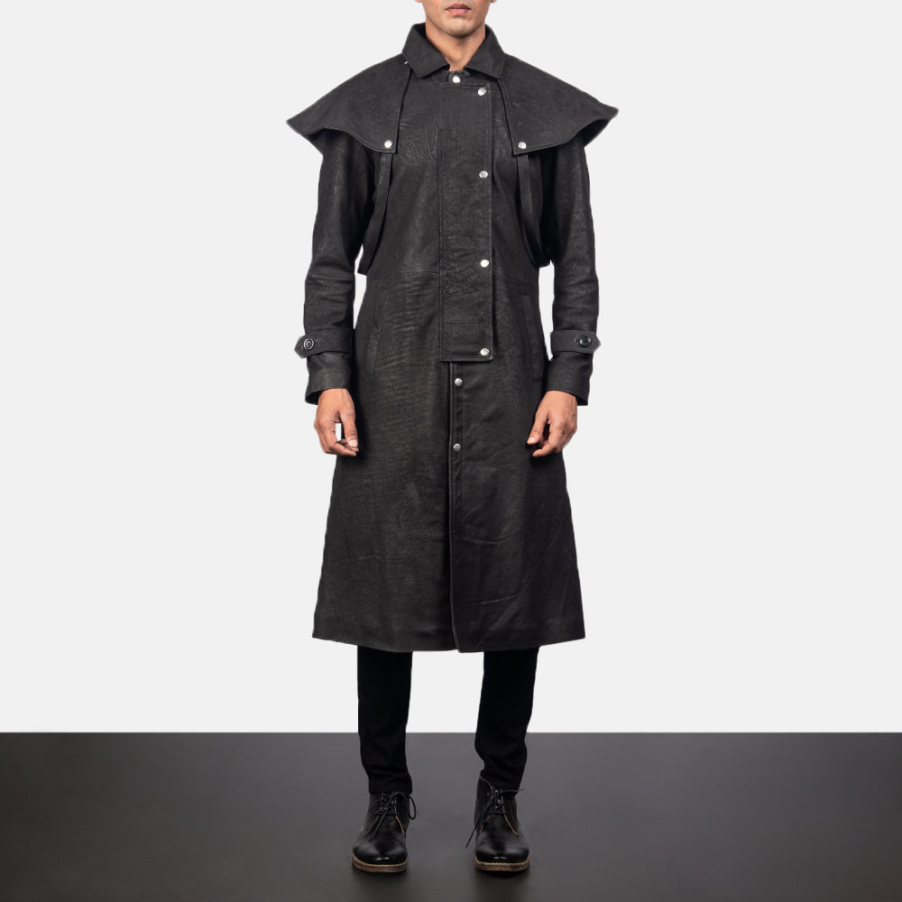 
Maverick Sort Leather Duster til Mænd in Distressed Black Sheepskin Snuffed - Forfra med skræddersyet silhuet | Køb online