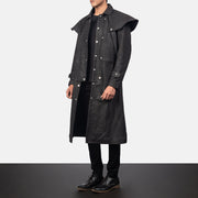 
Distressed Black Sheepskin Snuffed Trench Coat - Bagfra med tilpassede skuldre og ren kant