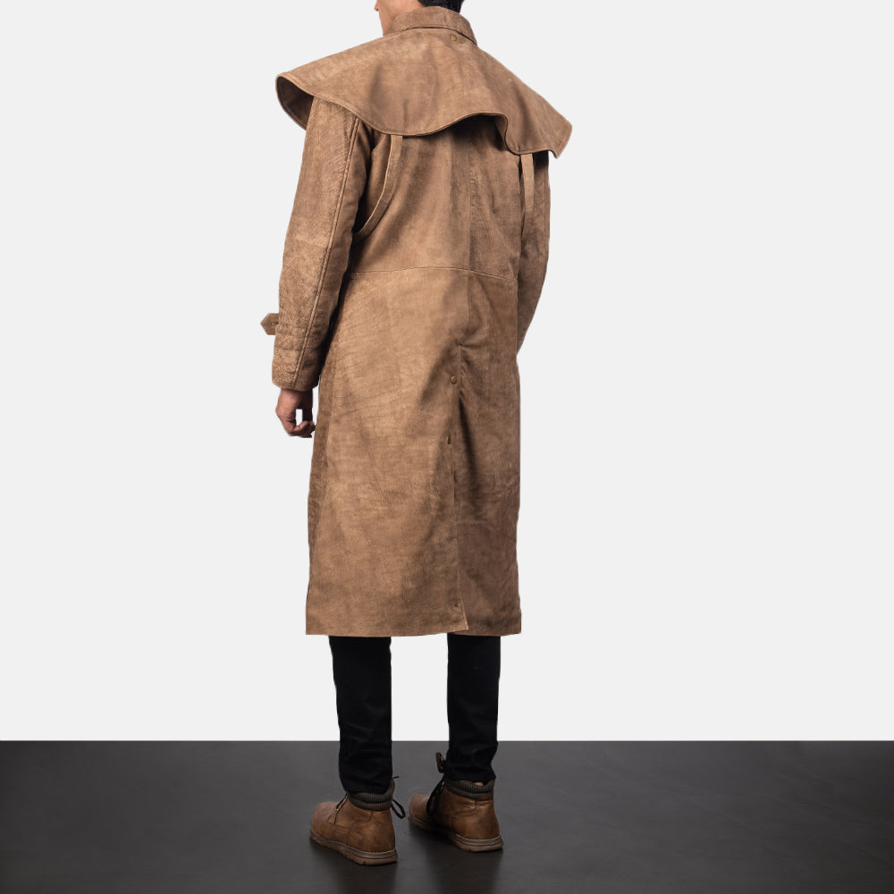 Men's Maverick Brun Leather Duster til Mænd - Lateral Side Profile View Showing Sleeve Cut &amp; Athletic Taper Fit