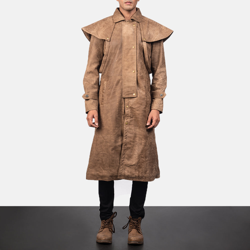 Close-Up Detail of Shirt &amp; Heavy-Duty Zipper Hardware on Men's Maverick Brun Leather Duster til Mænd
