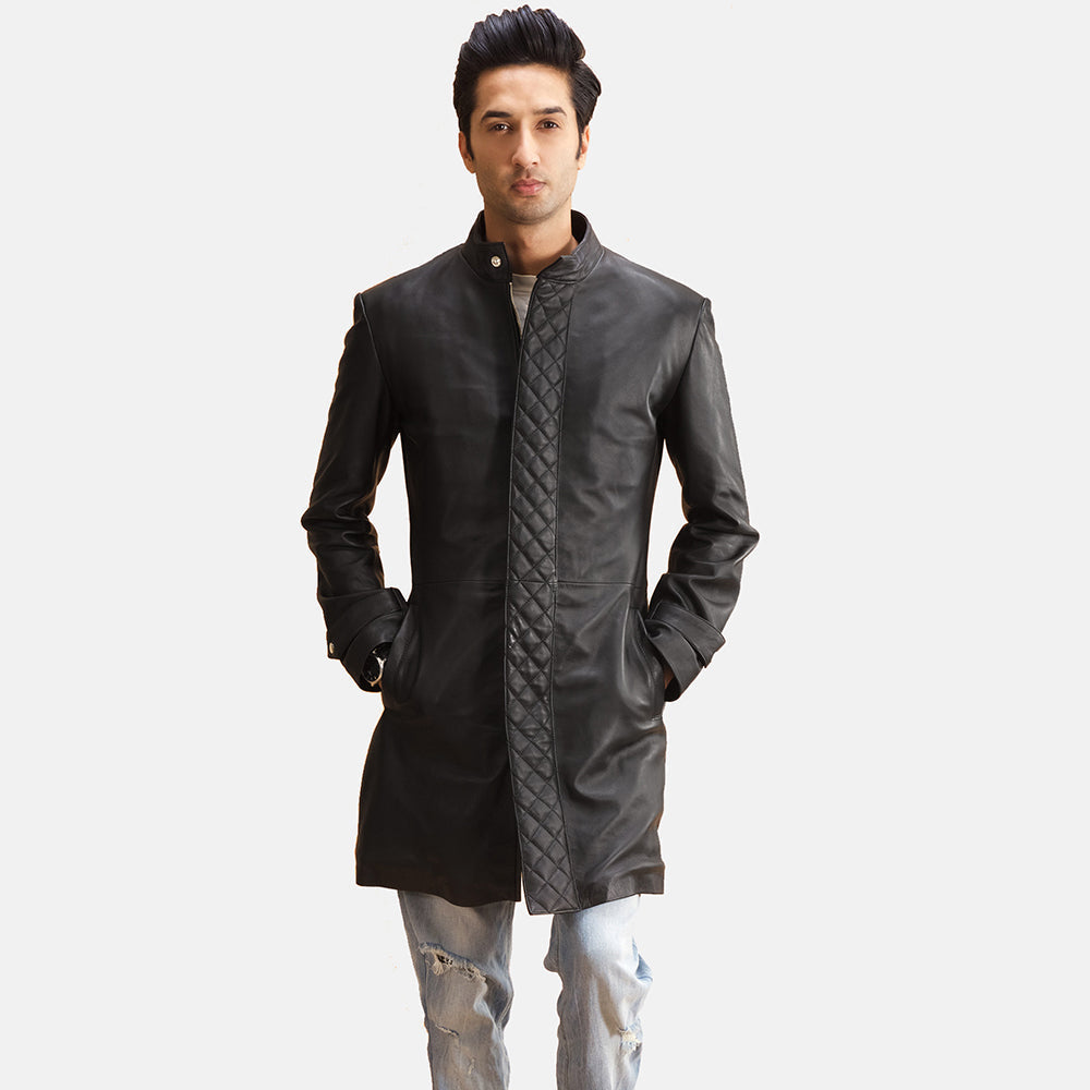 Men's Midlander Quilted Sort Leather Coat til Mænd in Black Sheepskin Leather - Front Profile View &amp; Tailored Silhouette | Buy Online