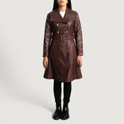 
Maroon Sheepskin Leather Trench Coat - Bagfra med tilpassede skuldre og ren kant