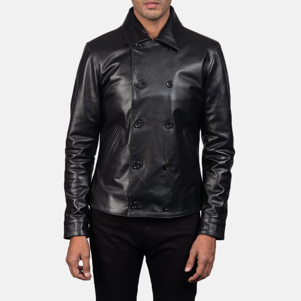 Mod Sort Leather Peacoat til Mænd in Black Cowhide Leather - Front Profile View &amp; Tailored Silhouette | Buy Online