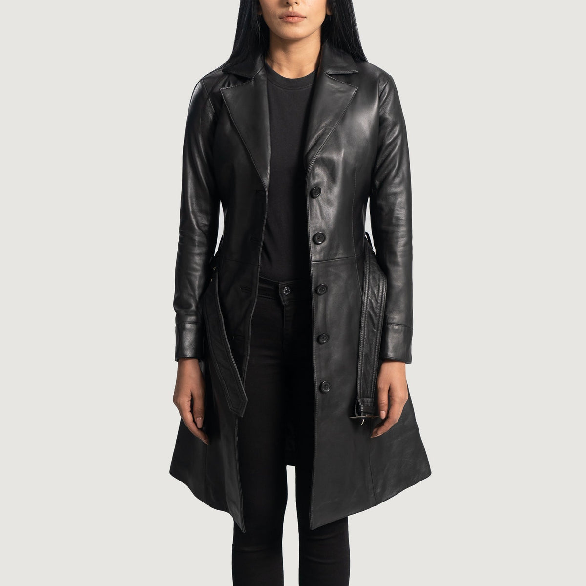 
Moonlight Sort Trenchcoat i Læder til Damer in Black Sheepskin Leather - Forfra med skræddersyet silhuet | Køb online