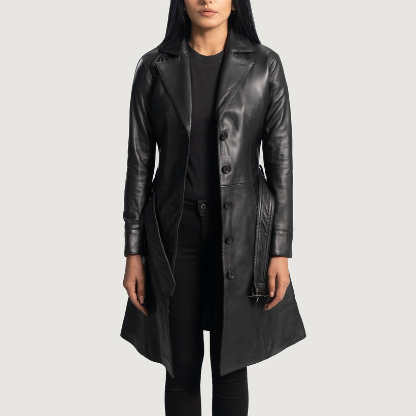 Moonlight Sort Leather Trench Coat til Kvinder