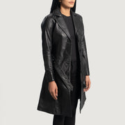 
Black Sheepskin Leather Trench Coat - Bagfra med tilpassede skuldre og ren kant