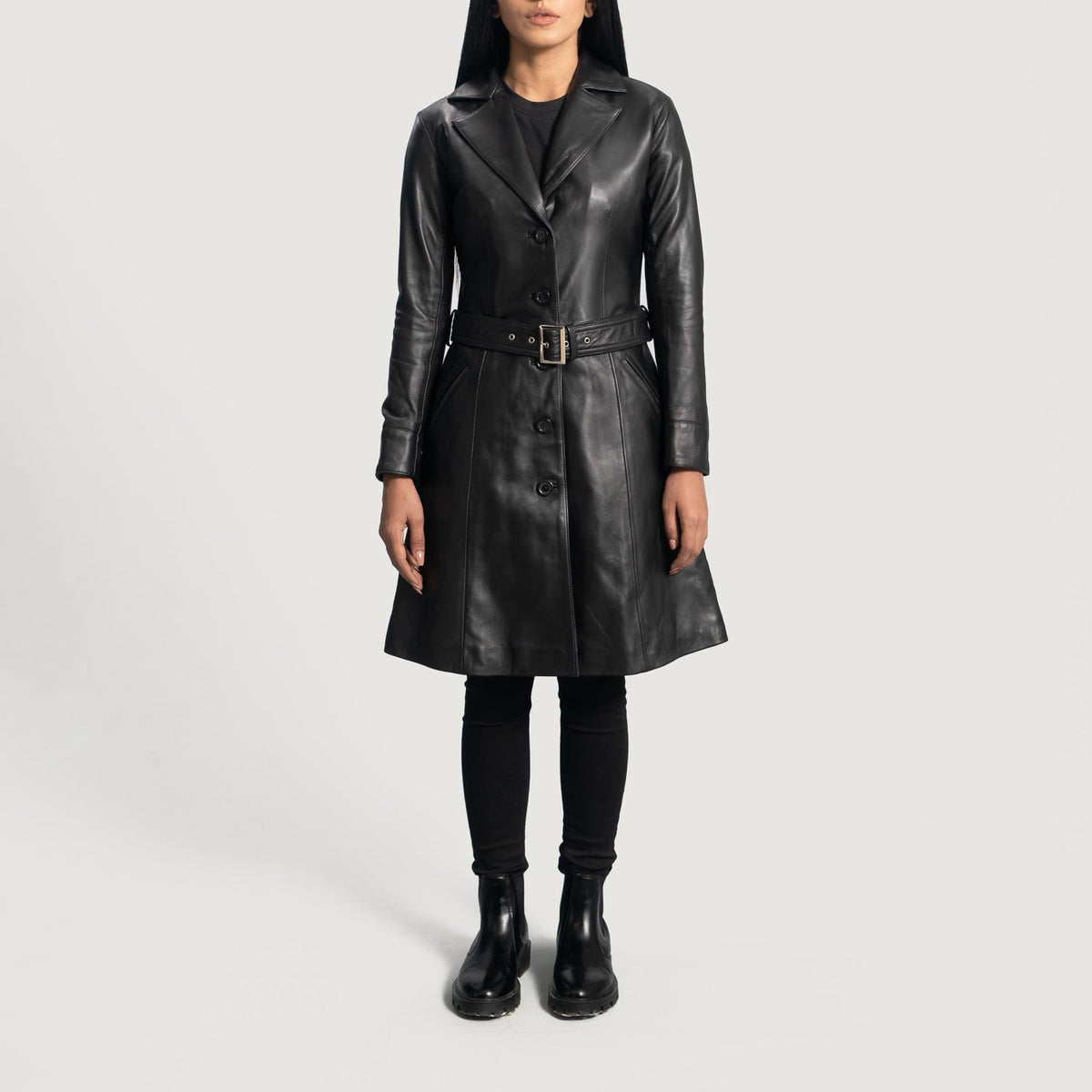 
Moonlight Sort Trenchcoat i Læder til Damer - Sideprofil med ergonomisk ærmesnit