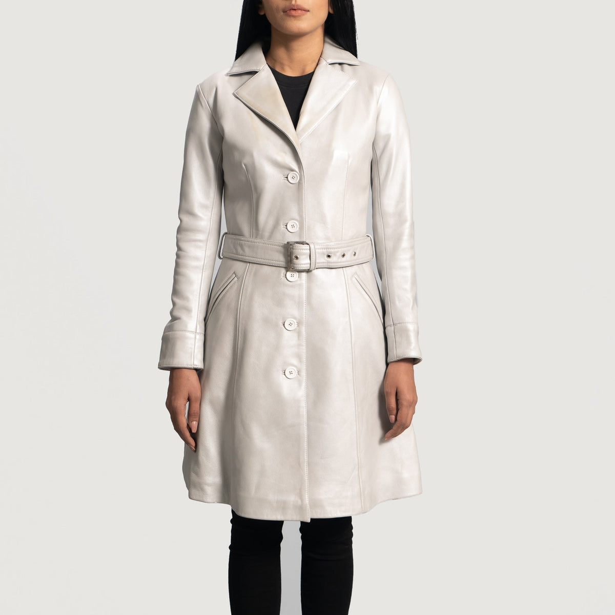 
Moonlight Silver Trenchcoat i Læder til Damer in Silver Sheepskin Leather - Forfra med skræddersyet silhuet | Køb online