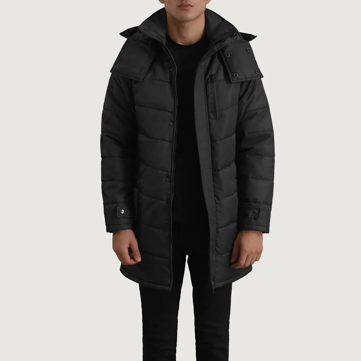 
Moore Sort Hooded Parka til Mænd i sort ægte okselæder - Forfra med skræddersyet silhuet | Køb online