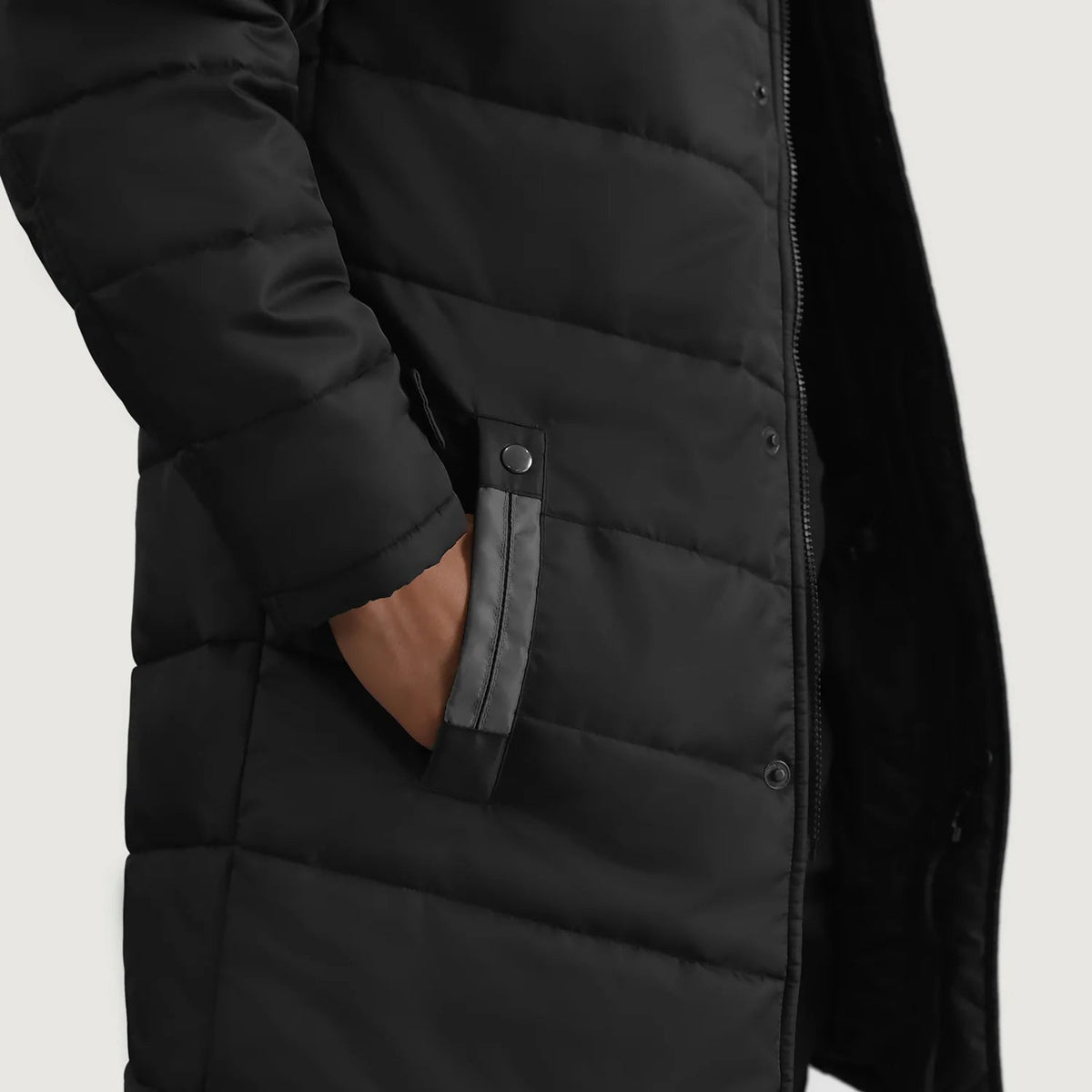 
Nærbillede of Classic Collar & Zipper With Snap Button Placket Hardware on Moore Sort Hooded Parka til Mænd