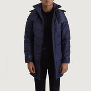 
Moore Blå Hooded Parka til Mænd in Blue Full-Grain Leather - Forfra med skræddersyet silhuet | Køb online