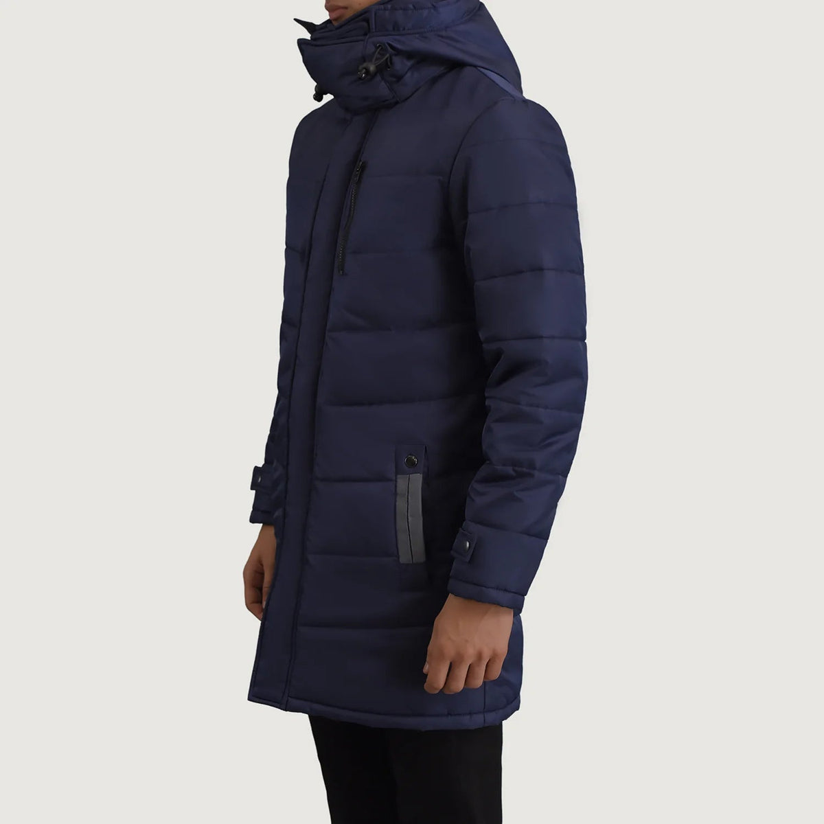 
Blue Full-Grain Leather Hooded Jacket - Bagfra med tilpassede skuldre og ren kant