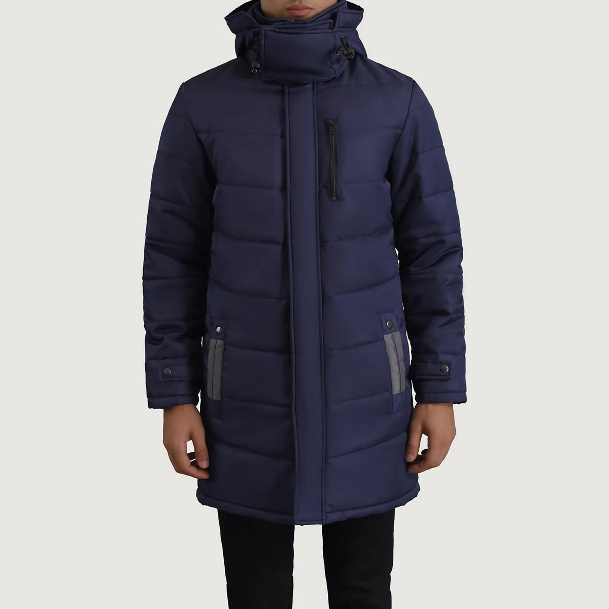 
Nærbillede of Classic Collar & Zipper With Snap Button Placket Hardware on Moore Blå Hooded Parka til Mænd