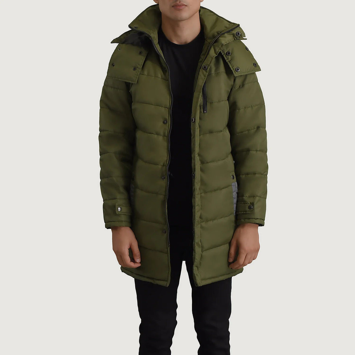 
Moore Grøn Hooded Parka til Mænd in Green Full-Grain Leather - Forfra med skræddersyet silhuet | Køb online