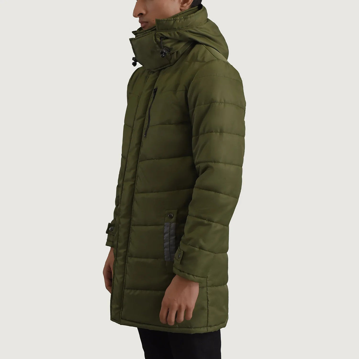 
Green Full-Grain Leather Hooded Jacket - Bagfra med tilpassede skuldre og ren kant