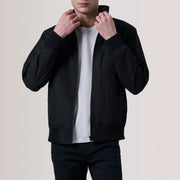 Morrison Sort Canvas Læder Bomberjakke til Mænd For Men in Black Waxed Cotton Canvas - Front Profile View &amp; Tailored Silhouette | Buy Online