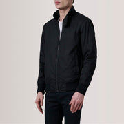 Morrison Sort Canvas Læder Bomberjakke til Mænd For Men - Lateral Side Profile View Showing Sleeve Cut &amp; Athletic Taper Fit