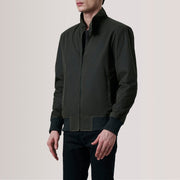 Morrison Olive Canvas Læder Bomberjakke til Mænd For Men - Lateral Side Profile View Showing Sleeve Cut &amp; Athletic Taper Fit