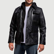 Black Cowhide Leather Hooded Jacket - Back View Showing Tailored Shoulder Fit &amp; Clean Hemline