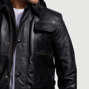Men's Moulder Hooded Sort Læderjakke til Mænd - Lateral Side Profile View Showing Sleeve Cut &amp; Athletic Taper Fit