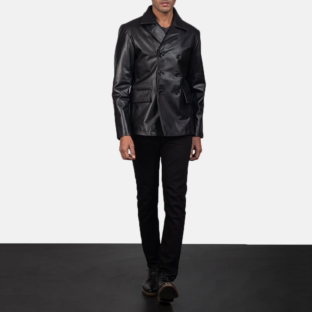 
Mr. Bailey Sort Leather Naval Peacoat til Mænd - Sideprofil med ergonomisk ærmesnit