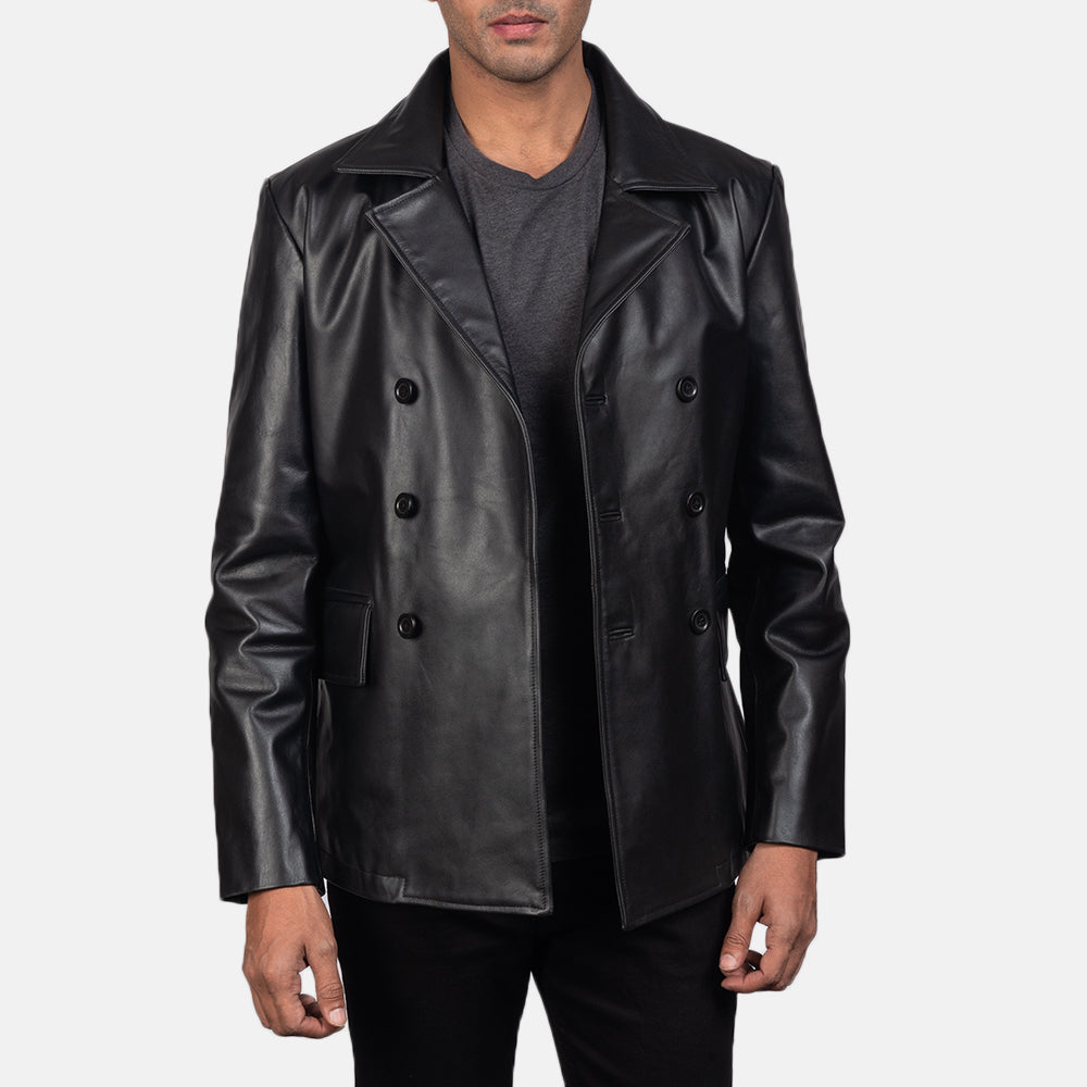 
Nærbillede of Notch & Buttons Hardware on Mr. Bailey Sort Leather Naval Peacoat til Mænd