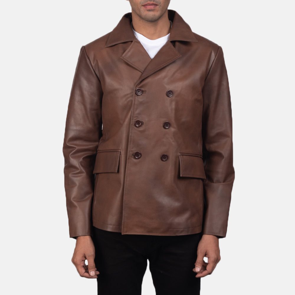 Mr. Bailey Brun Leather Naval Peacoat til Mænd in Brown Cowhide Leather - Front Profile View &amp; Tailored Silhouette | Buy Online