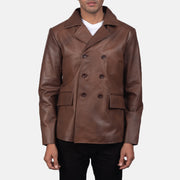 Mr. Bailey Brun Leather Naval Peacoat til Mænd in Brown Cowhide Leather - Front Profile View &amp; Tailored Silhouette | Buy Online