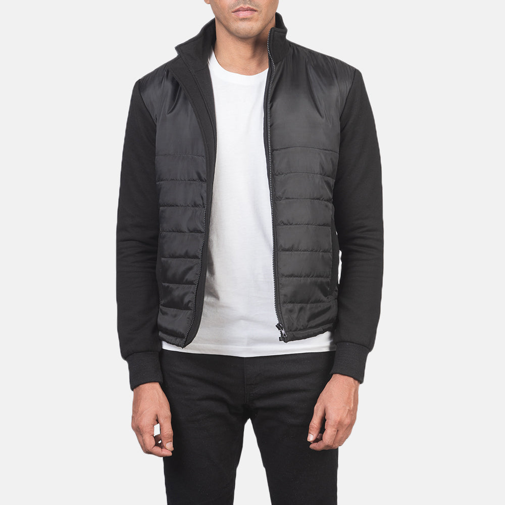 Men's Nashville Quilted Sort Windbreaker Læderjakke til Mænd in Black Polyester (Torso) &amp;Amp; Knitted Fabric (Sleeves) - Front Profile View &amp; Tailored Silhouette | Buy Online