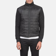 Close-Up Detail of High Neck &amp; Zipper with wind flap Hardware on Men's Nashville Quilted Sort Windbreaker Læderjakke til Mænd