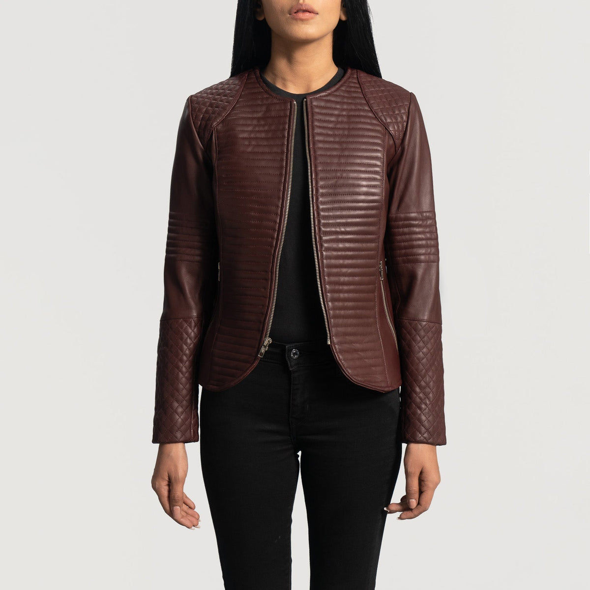 Women's Nexi Quilted Maroon Leather Jacket - Lateral Side Profile View Showing Sleeve Cut &amp; Athletic Taper Fit
