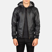 Men's Nintenzo Black Hooded Leather Jacket in Black Sheepskin Leather - Front Profile View &amp; Tailored Silhouette | Buy Online