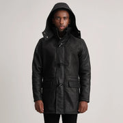 Close-Up Detail of Band collar &amp; Zipper with Toggle button Hardware on Nolan Black Snuffed Leather Duffle Coat